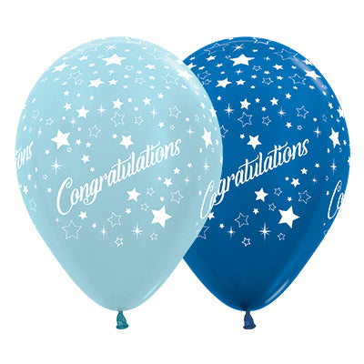 Sempertex 30cm Congratulations Stars Satin Pearl Blue & Metallic Blue Latex Balloons, 25PK Pack of 25