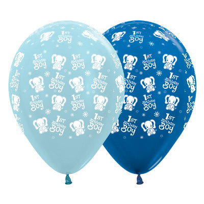 Sempertex 30cm 1st Birthday Boy Elephants Satin Pearl Blue & Metallic Blue Latex Balloons, 6PK Pack of 6