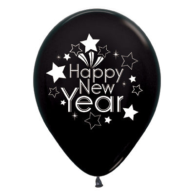 Sempertex 30cm Happy New Year Metallic Black Latex Balloons, 6PK Pack of 6