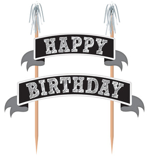 Cake Pick Happy Birthday Black - Wood with Paper & Foil
