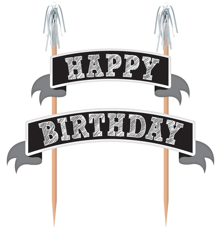 Cake Pick Happy Birthday Black - Wood with Paper & Foil