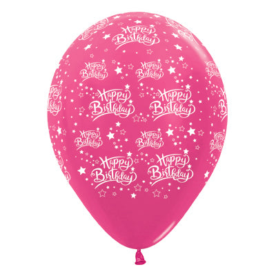 Sempertex 30cm Happy Birthday Stars Metallic Fuchsia Latex Balloons, 6PK Pack of 6