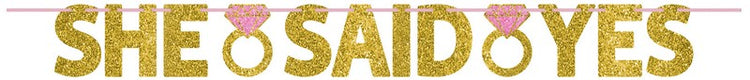 She Said Yes Glittered Cardboard Gold & Pink Ribbon Banner