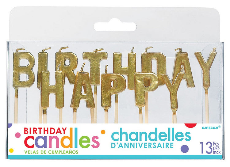 Happy Birthday Pick Candles - Metallic Gold with Plastic Picks Pack of 13