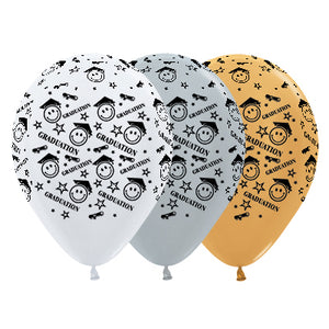 Sempertex 30cm Graduation Smiley Faces Satin White, Silver & Metallic Gold Latex Balloons, 25PK Pack of 25