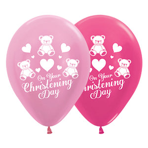 Sempertex 30cm On Your Christening Day Satin Pearl Pink & Metallic Fuchsia Latex Balloons, 25PK Pack of 25