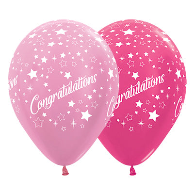 Sempertex 30cm Congratulations Stars Faces Satin Pearl Pink & Metallic Fuchsia Latex Balloons, 25PK Pack of 25