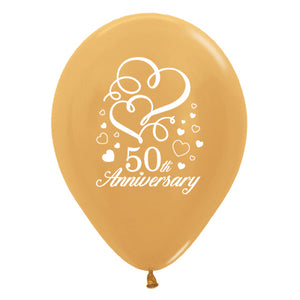 Sempertex 30cm 50th Anniversary Hearts Metallic Gold Latex Balloons Pack of 25