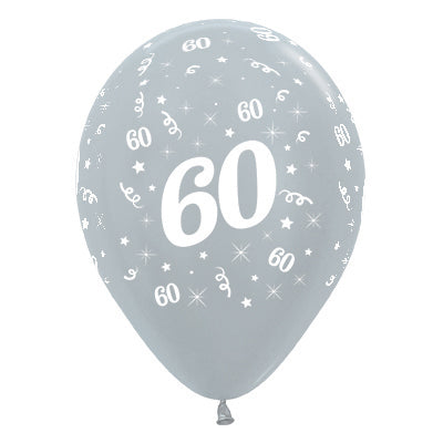 Sempertex 30cm Age 60 Satin Pearl Silver Latex Balloons, 6PK Pack of 6