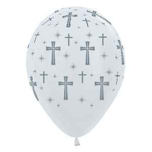 Sempertex 30cm Holy Cross Satin Pearl White & Silver Ink Latex Balloons, 25PK Pack of 25