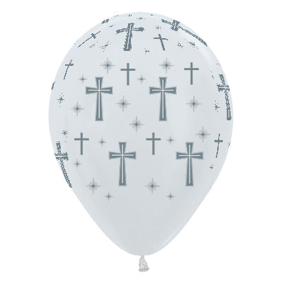 Sempertex 30cm Holy Cross Satin Pearl White & Silver Ink Latex Balloons, 25PK Pack of 25