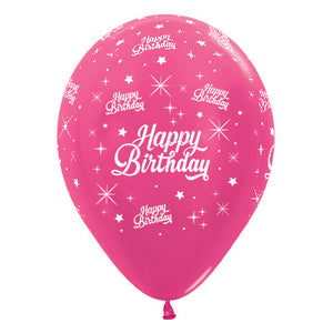 Sempertex 30cm Happy Birthday Twinkling Stars Metallic Fuchsia Latex Balloons, 25PK Pack of 25