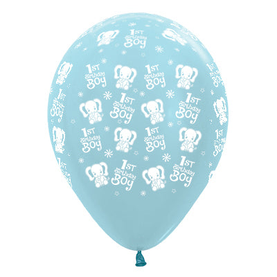 Sempertex 30cm 1st Birthday Boy Elephants Satin Pearl Blue Latex Balloons Pack of 25