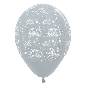 Sempertex 30cm Happy Birthday Stars Satin Pearl Silver Latex Balloons, 6PK Pack of 6