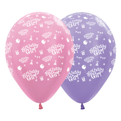 Sempertex 30cm Birthday Girl Satin Pearl Pink & Lilac Latex Balloons, 6PK Pack of 6