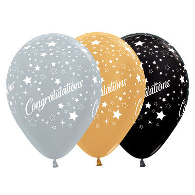 Sempertex 30cm Congratulations Stars Metallic Gold, Silver Black Latex Balloons, 25PK Pack of 25